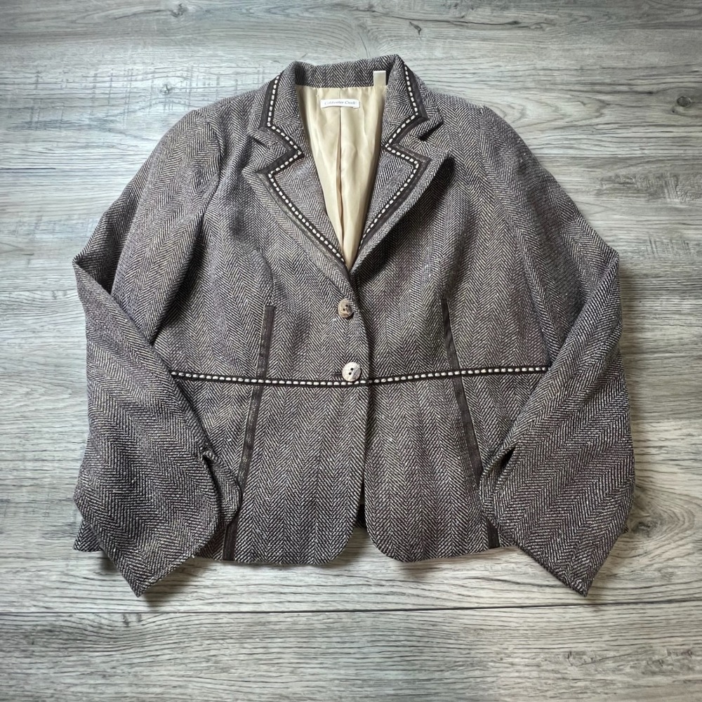 Coldwater Creek Blazer‎ Womens 14 Brown Herringbone Metallic Trim Jacket Z61